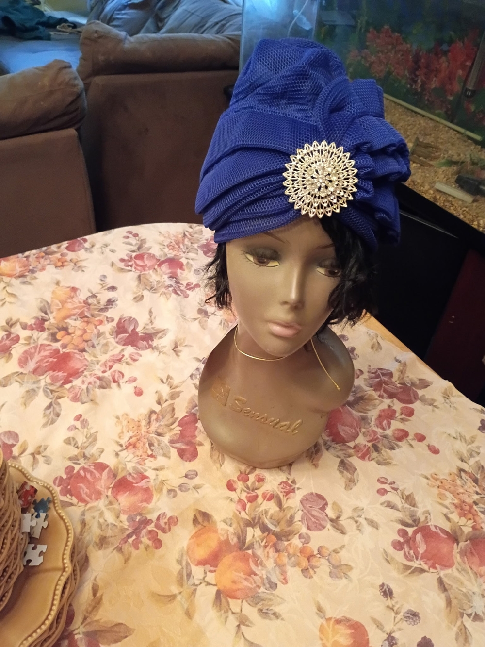 Elegant Royal Blue Turban Headwrap with Decorative Brooch - Women Accessories